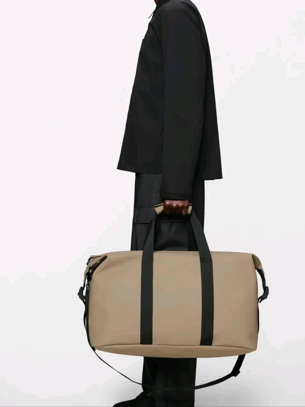 Rains Unisex Hilo Waterproof Beige Weekend Duffle Bag with Black Straps